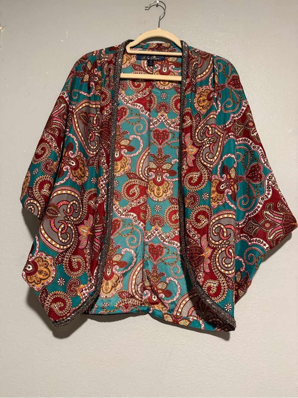Blue Rain Boho Paisley Open-Front Kimono Sweater - Teal & Burgundy size S